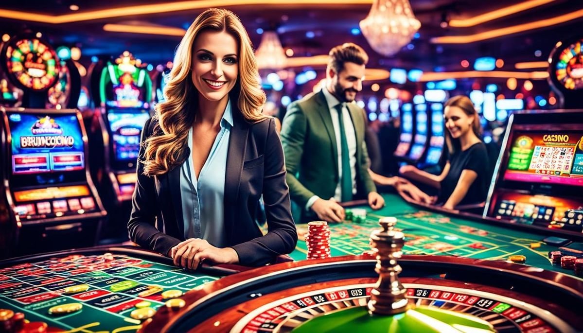 Ilustrasi permainan sportsbook, slot online dan live casino di mponusa dengan latar Futuristik